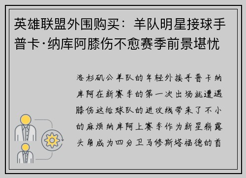 英雄联盟外围购买：羊队明星接球手普卡·纳库阿膝伤不愈赛季前景堪忧